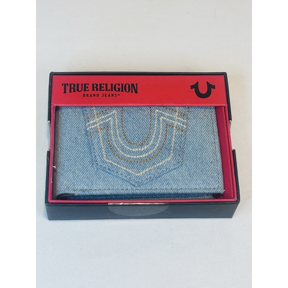 True Religion Mens Blue Denim Wallet RFID Blocking Bifold Leather Logo